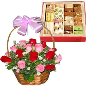 20 Mix Roses Basket with 500gm Mix Sweets